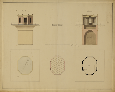 216179 Opstand, doorsnede en plattegronden van het ontwerp voor de verbouwing van de Smeetoren te Utrecht tot sterrenwacht.
